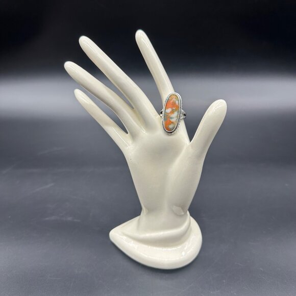 Boho Ring Southwest Festival Orange Silver Toned Oval Shape Western Size 6.75 - Picture 2 of 7
